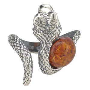 Cognac Amber 925 Silver Snake Adjustable Ring
