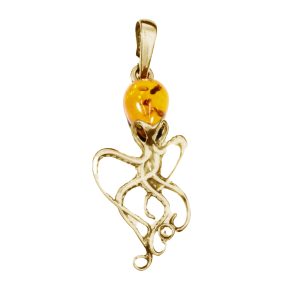 Cognac Amber Gold Plated Silver Octopus Pendant