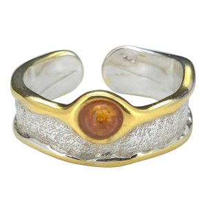 Cognac Amber Gold Plated Silver Adjustable Ring