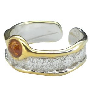 Cognac Amber Gold Plated Silver Adjustable Ring