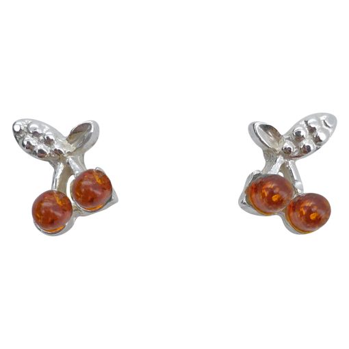Cognac Amber Sterling Silver Cherry Fruit Stud Earrings