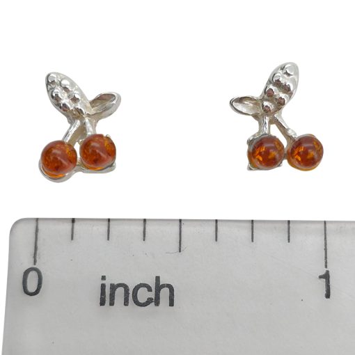 Cognac Amber Sterling Silver Cherry Fruit Stud Earrings - Image 3
