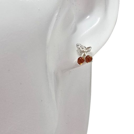 Cognac Amber Sterling Silver Cherry Fruit Stud Earrings - Image 2