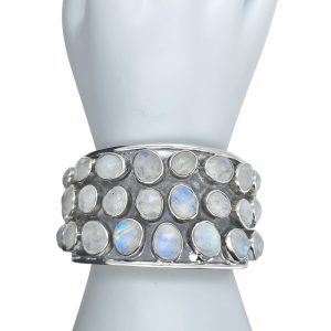 Faceted Moonstone Sterling Silver Handmade Cuff Bracelet