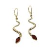 Cherry Amber Gold Plated Silver Snake Earrings On Hooks