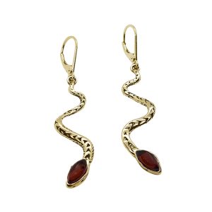 Cherry Amber Gold Plated Silver Snake Earrings On Hooks
