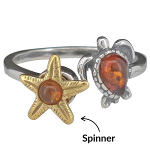 Cognac Amber Starfish And Sea Turtle Adjustable Spinner Ring