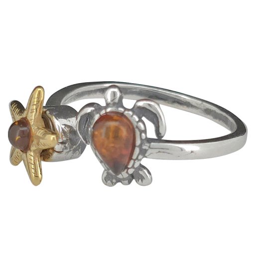 Cognac Amber Starfish And Sea Turtle Adjustable Spinner Ring - Image 3