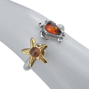Alternative view of Cognac Amber Starfish And Sea Turtle Adjustable Spinner Ring