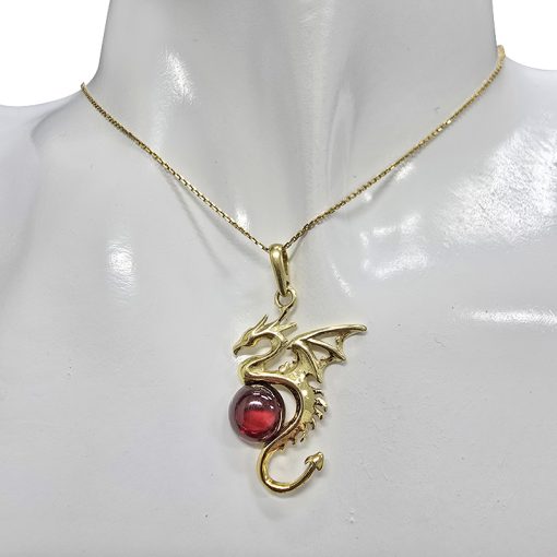Cherry Amber Gold Plated Silver Dragon Pendant - Image 2