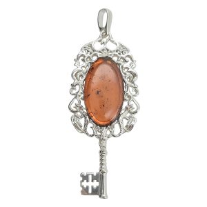 Natural Cognac Amber Sterling Silver Key Pendant