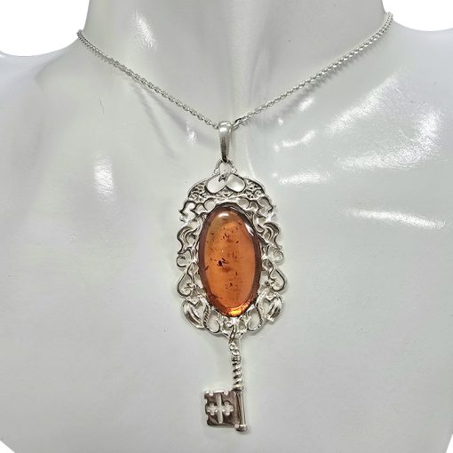 Natural Cognac Amber Sterling Silver Key Pendant - Image 2