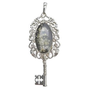 Natural Green Amber Sterling Silver Key Pendant.
