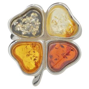 Multi Color Amber Sterling Silver Clover Adjustable Ring