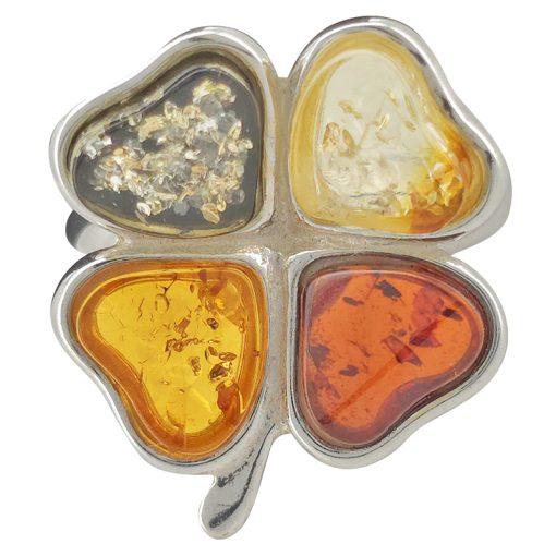 Multi Color Amber Sterling Silver Clover Adjustable Ring