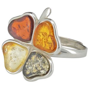 Multi Color Amber Sterling Silver Clover Adjustable Ring