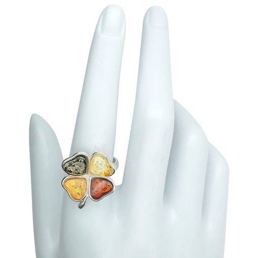 Multi Color Amber Sterling Silver Clover Adjustable Ring - Image 3