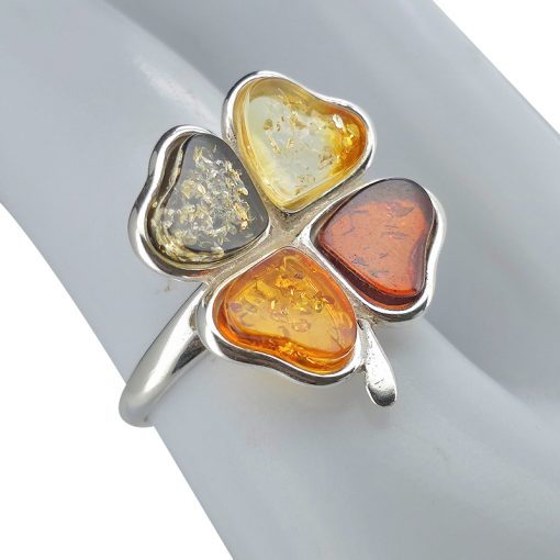 Multi Color Amber Sterling Silver Clover Adjustable Ring - Image 2