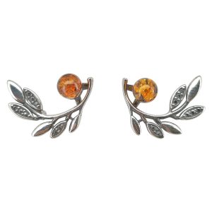 Amber Silver Olive Branch Stud Earrings