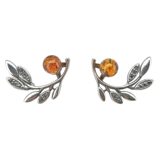 Amber Silver Olive Branch Stud Earrings