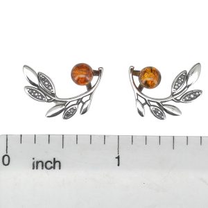 Amber Silver Olive Branch Stud Earrings