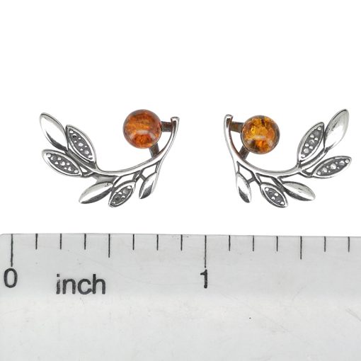Amber Silver Olive Branch Stud Earrings