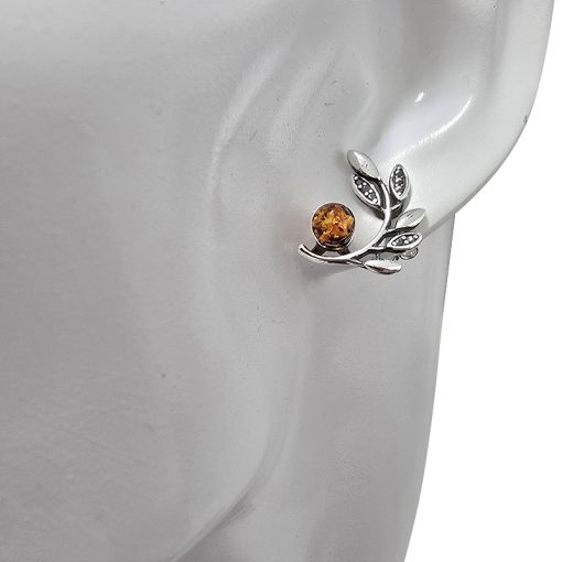 Amber Silver Olive Branch Stud Earrings - Image 2
