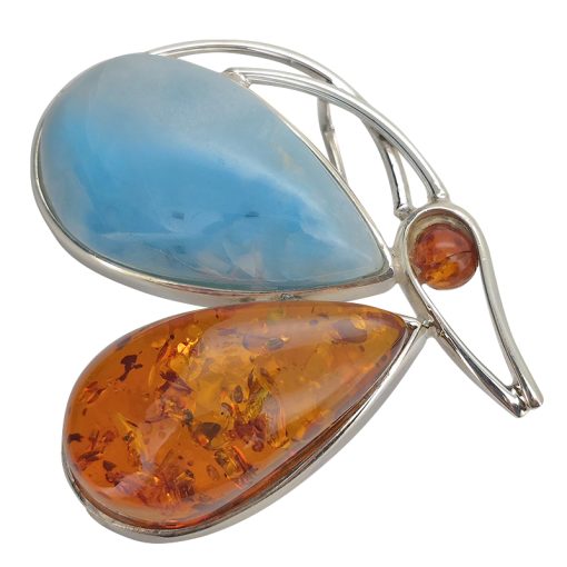 Natural Amber/Larimar Sterling Silver Butterfly Handmade Pendant