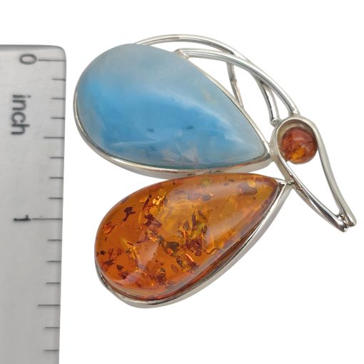 Natural Amber/Larimar Sterling Silver Butterfly Handmade Pendant - Image 2
