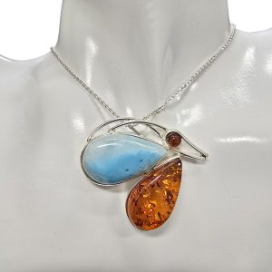 Natural Amber/Larimar Sterling Silver Butterfly Handmade Pendant