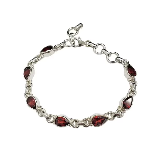 Garnet Stones Sterling Silver Link Bracelet.