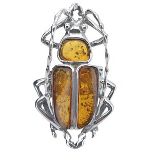 Cognac Amber Silver Longhorn Beetle Ring