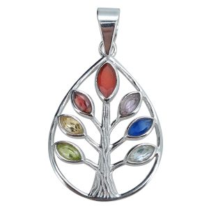 Gemstones Sterling Silver Tree Of Life With 7 Chakras Pendant