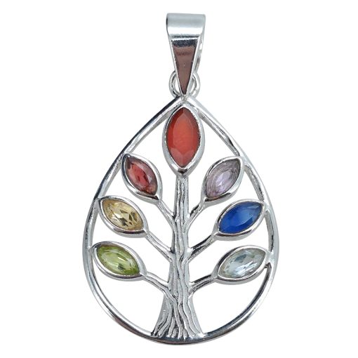 Gemstones Sterling Silver Tree Of Life With 7 Chakras Pendant