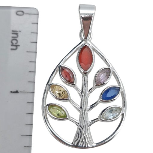 Gemstones Sterling Silver Tree Of Life With 7 Chakras Pendant