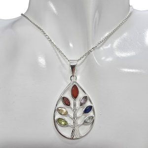 Alternative view of Gemstone Sterling Silver Tree of Life With 7 Chakras Pendant
