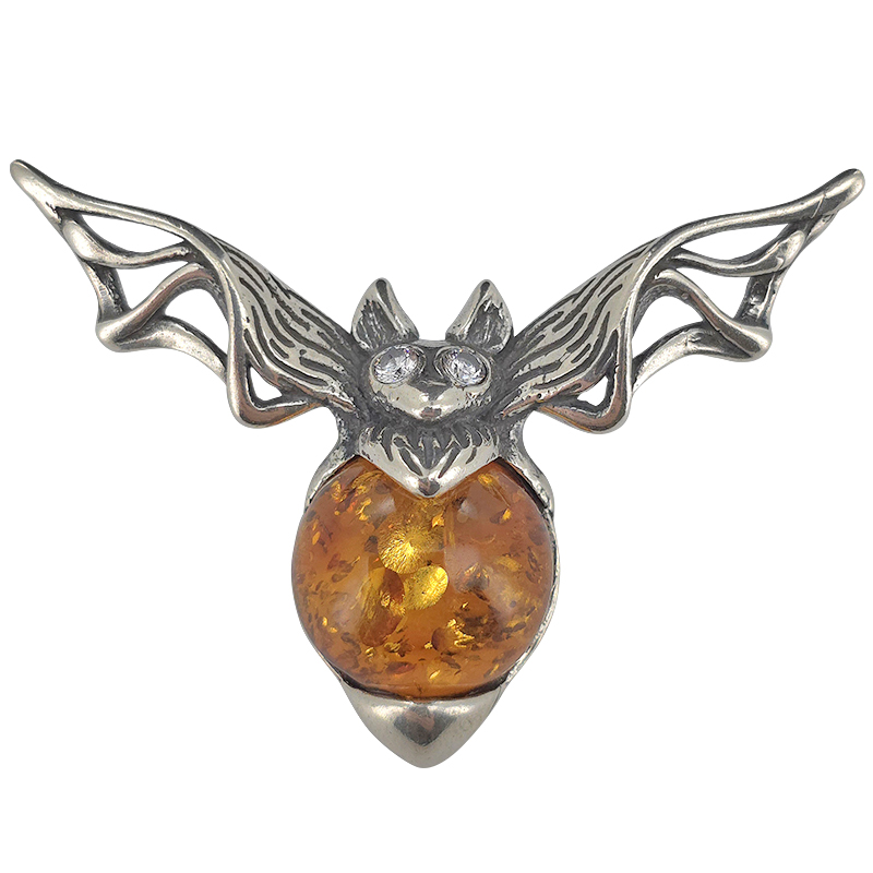 Cognac Amber Oxidized Silver Bat Pendant