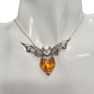 Alternative view of Cognac Amber Oxidized Silver Bat Pendant