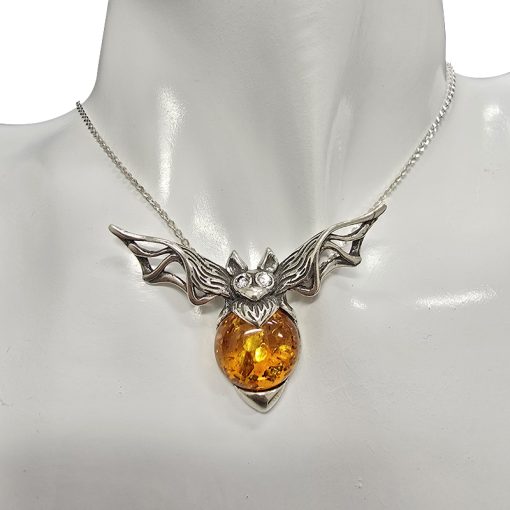 Cognac Amber Oxidized Silver Bat Pendant - Image 2