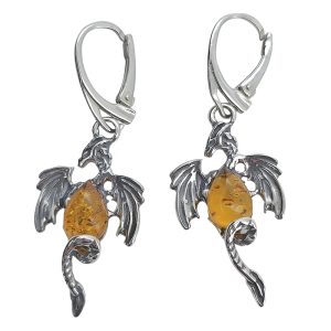 Cognac Amber Sterling Silver Dragon Earrings On Hooks
