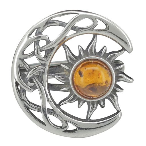 Amber Silver Celtic Moon/Sun Adjustable Ring