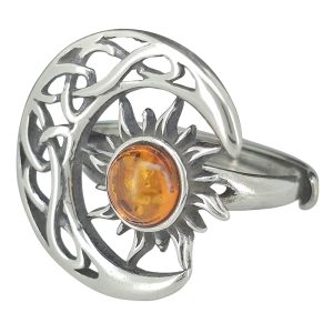 Amber Silver Celtic Moon/Sun Adjustable Ring