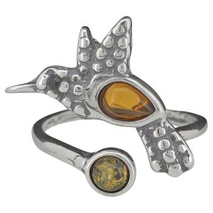 Multi-Color Amber Sterling Silver Hummingbird Adjustable Ring