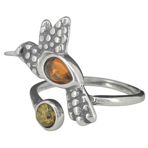 Multi-Color Amber Sterling Silver Hummingbird Adjustable Ring