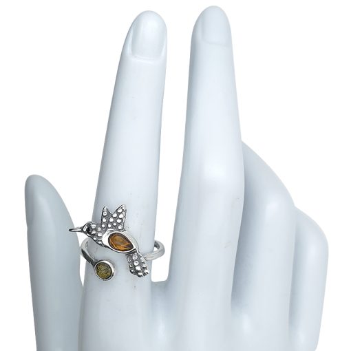 Multi Color Amber Sterling Silver Hummingbird Adjustable Ring - Image 3