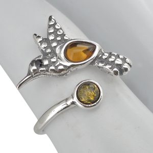 Alternative view of Multi Color Amber Sterling Silver Hummingbird Adjustable Ring