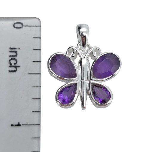 Faceted Amethyst Sterling Silver Butterfly Pendant. Teardrop-shaped gemstones set in .925 sterling silver. Gemstone pendant.