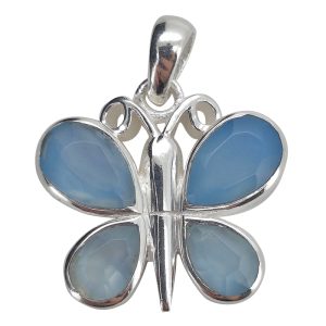 Faceted Blue Chalcedony Sterling Silver Butterfly Pendant