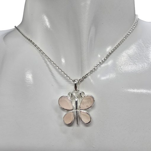 Faceted Rose Quartz Sterling Silver Butterfly Pendant - Image 2