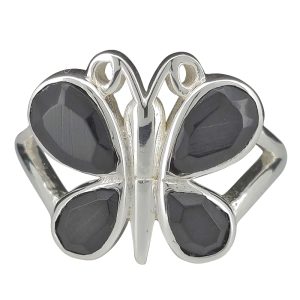 Faceted Black Onyx Sterling Silver Butterfly Ring
